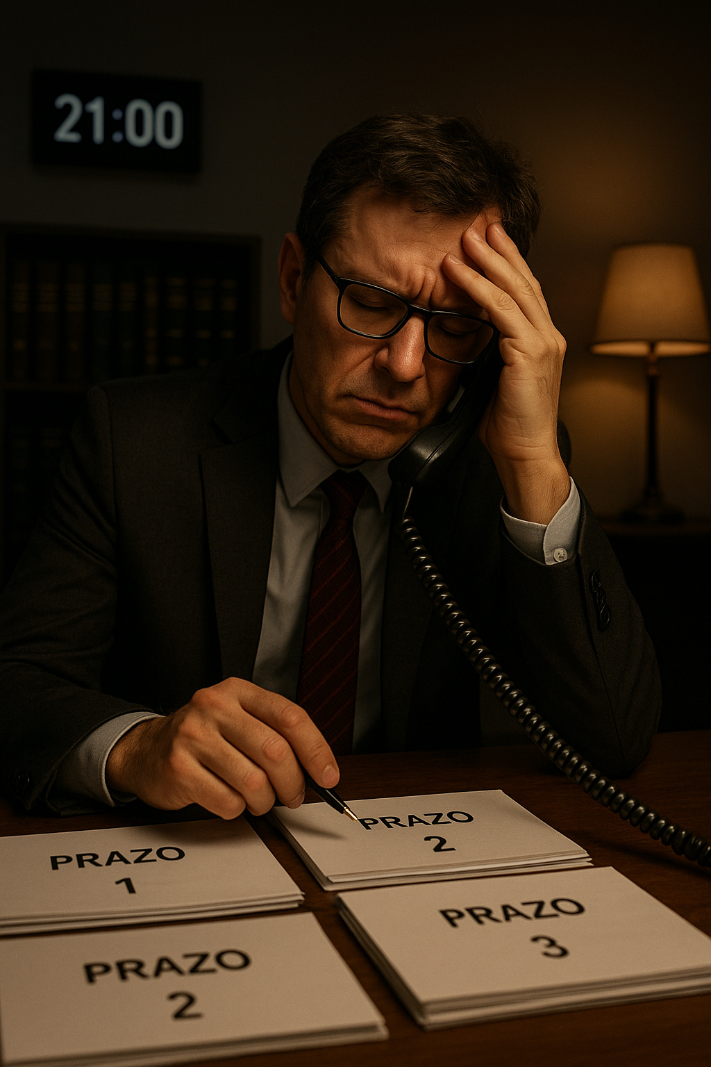 Advogado exausto analisando pilhas de processos